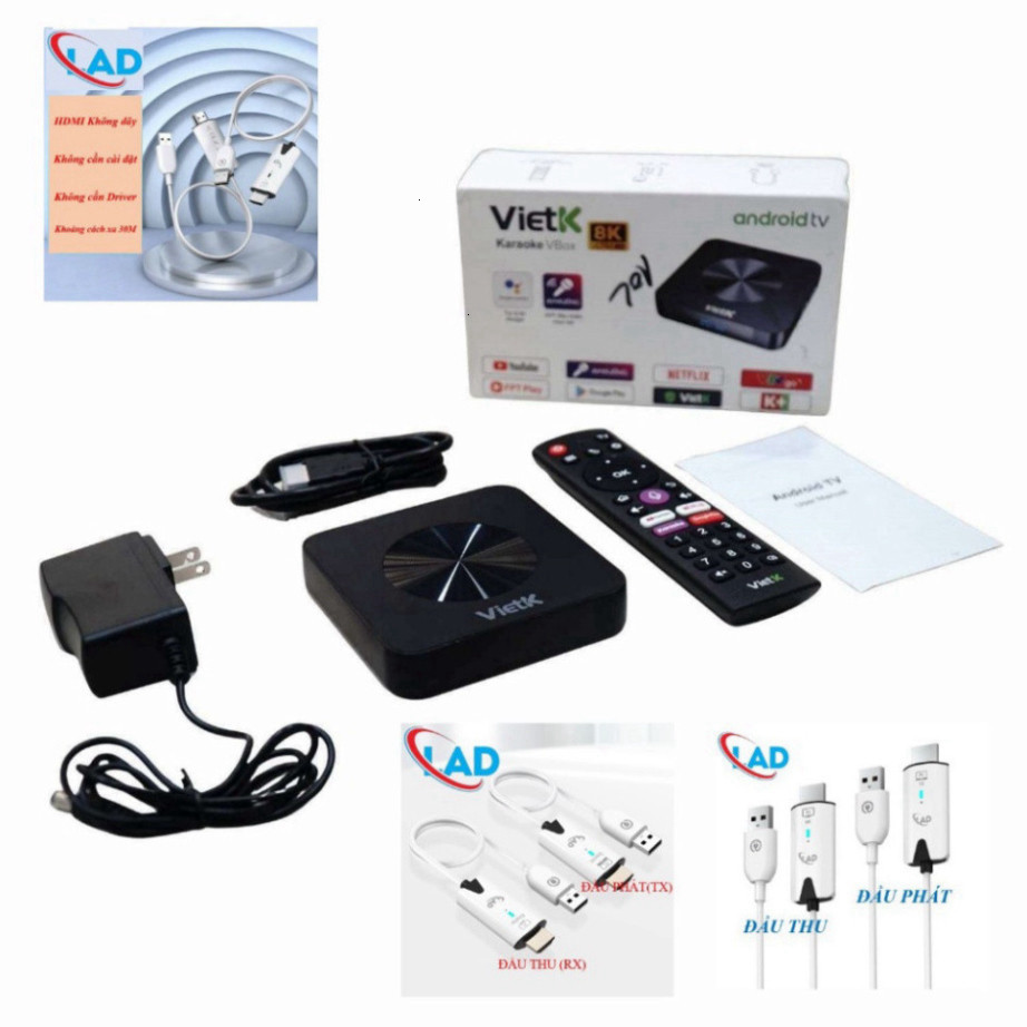 Máy phát karaoke VietK VBox 8K, chạy Android 12, GPU 8K, RAM 2GB, ROM 16GB.