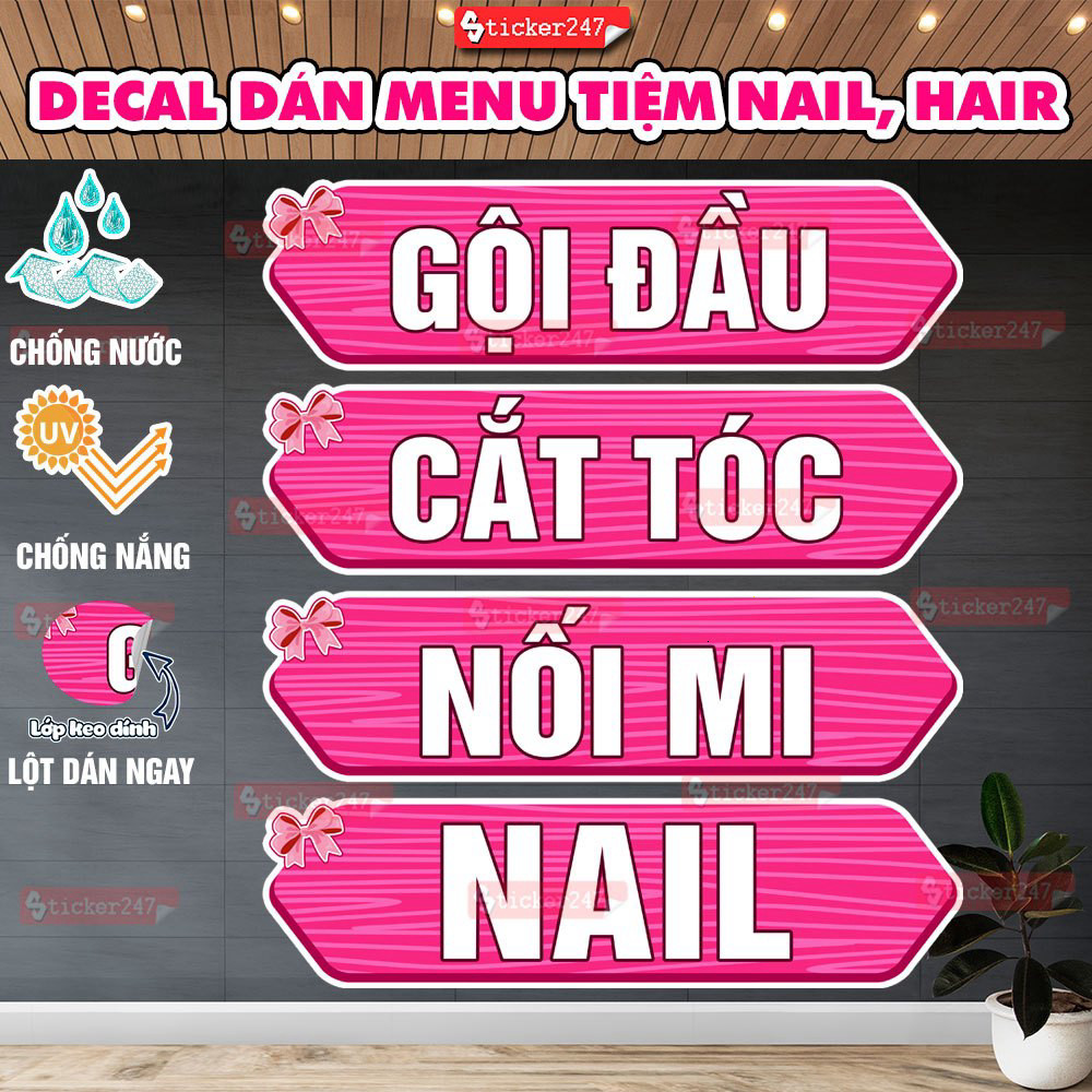 Decal Dán Menu Salon Tóc, Spa, Nail, Nối Mi Bền Màu, Sẵn Keo 🌈𝑭𝒓𝒆𝒆𝒔𝒉𝒊𝒑 Decal Bảng Hồng Chữ Trắng Nơ 