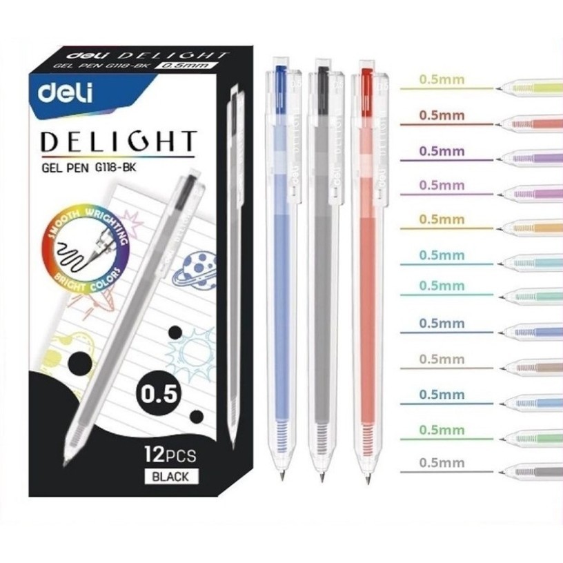 Hộp 12 bút gel bấm nhiều màu 0.5mm Deli G118 / EG 118 xinh xắn nhanh khô viết đều trơn ruột S206