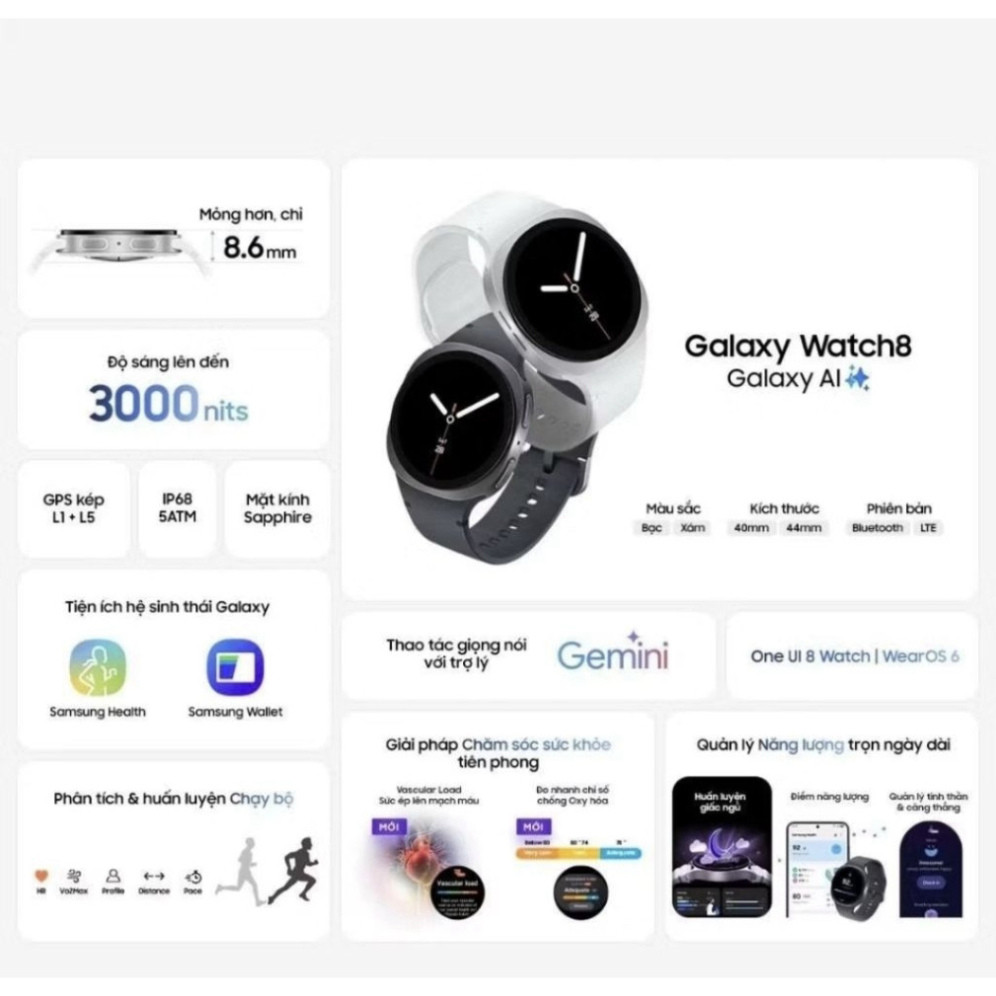 Samsung Galaxy Watch 8 LTE/Bluetooth Chính Hãng - Đồng Hồ Thông Minh Mặt 40/44mm Màn AMOLED | BigBuy360 - bigbuy360.vn