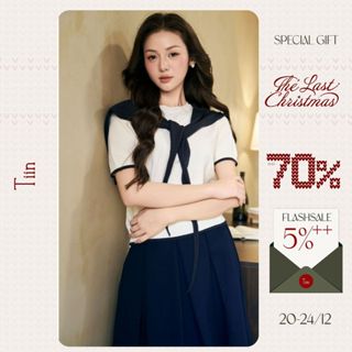  TIINSTORE Áo len cộc tay cổ tròn kèm khăn nữ tính thanh lịch phong cách Hàn Quốc đi làm GA25046 