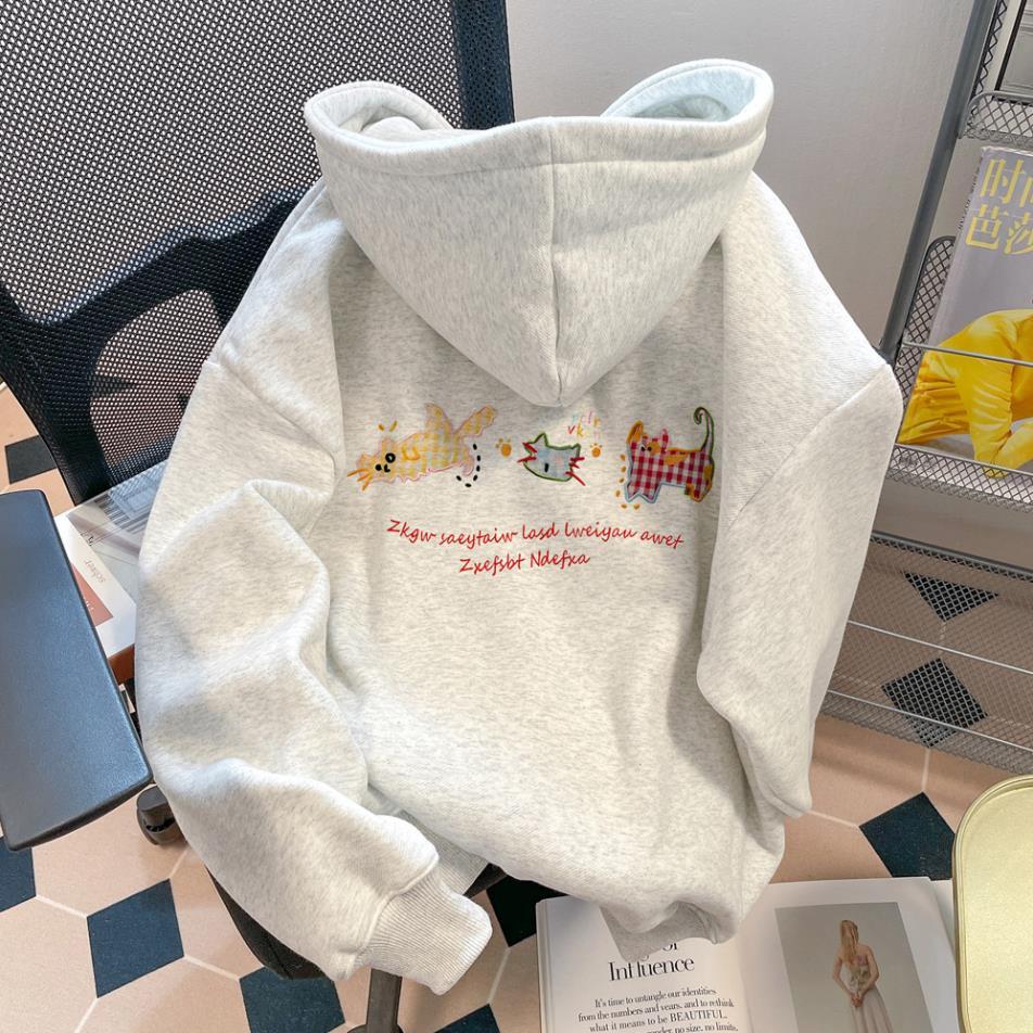 áo hoodie nữ form rộng xám tiêu hàn quốc mùa đông hoodie 3 MÈO CARO