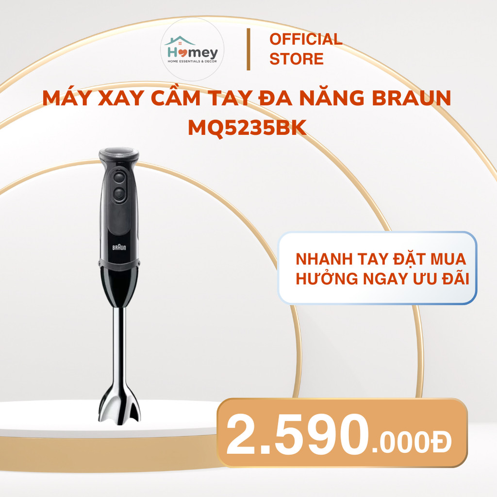 Máy xay cầm tay đa năng Braun MQ5235BK – 3 tốc độ, lưỡi thép không gỉ, kèm cối xay & que đánh trứng