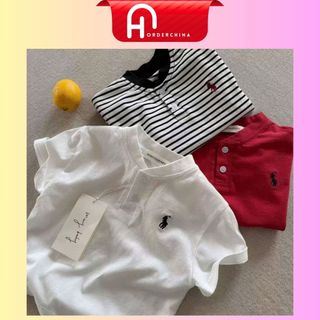 Set 4 áo phông cổ tàu thêu ngựa tone màu trắng đỏ ghi kẻ sọc cho bé trai - HNOrderChina