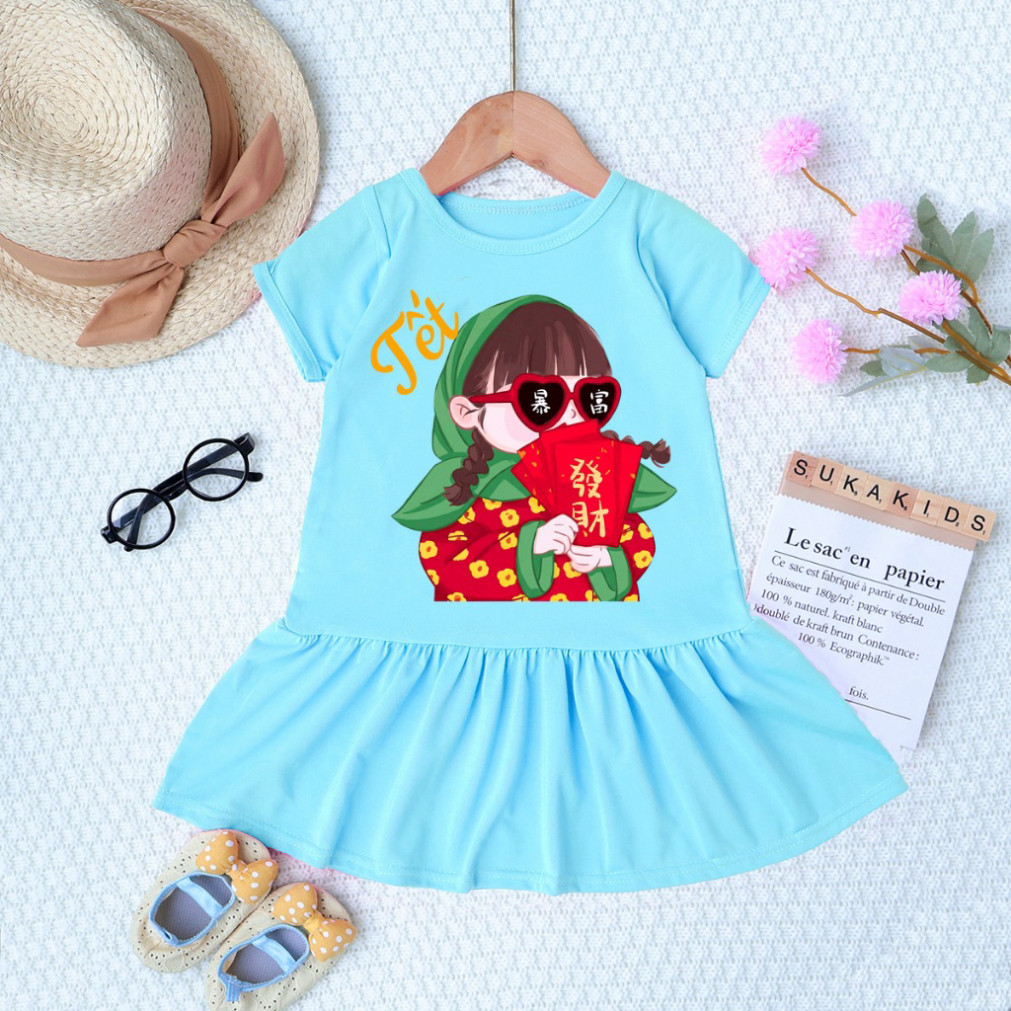 Đầm Tết 2026 cho bé gái họa tiết hoạt hình, chất mịn mát, bé mặc đi Chơi Tết.DAM09 .