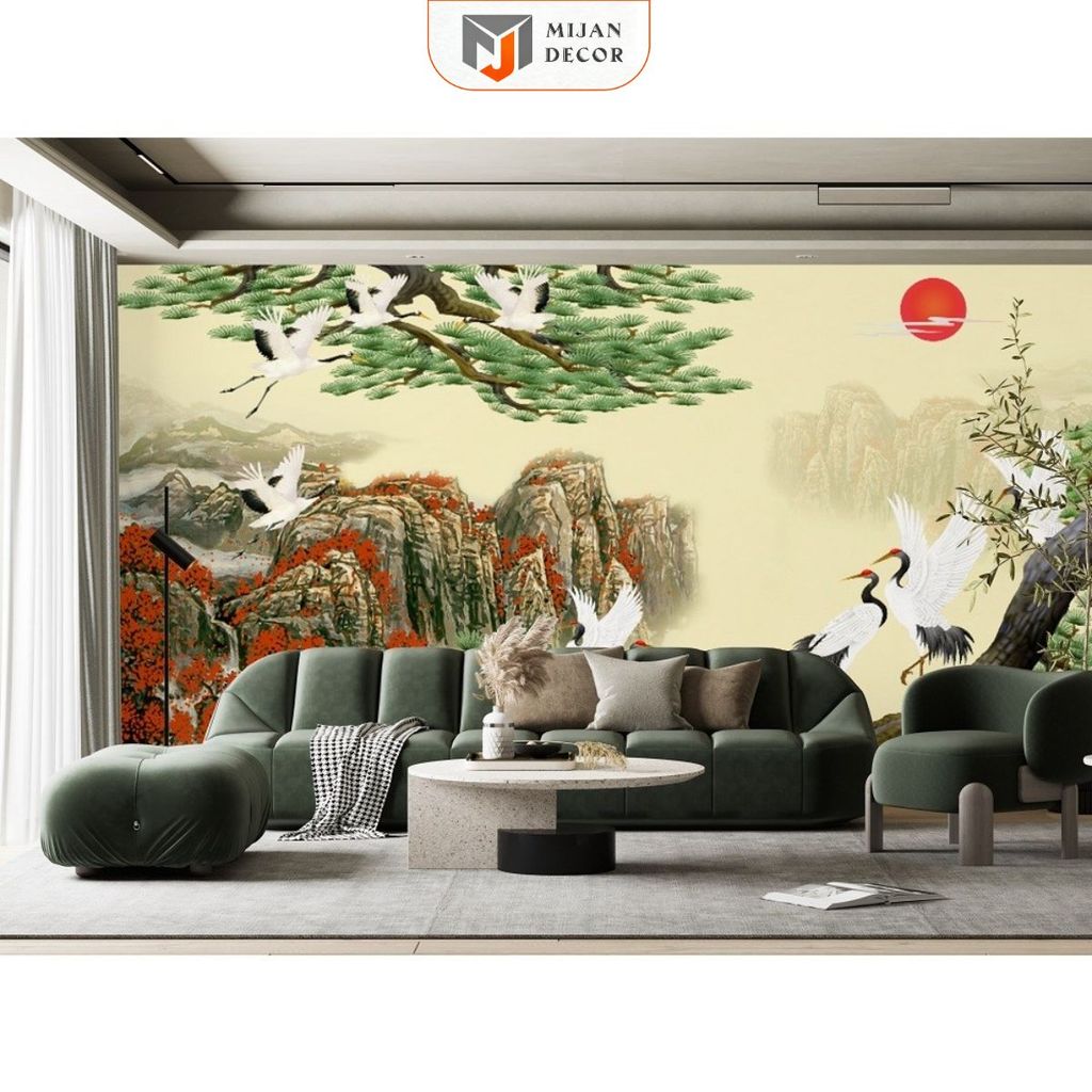 Tranh Decal Dán Tường 3D Tùng Hạc Diên Niên Sắc Nét, Ý Nghĩa Trường Thọ Thương Hiệu MIJAN FUNITURE