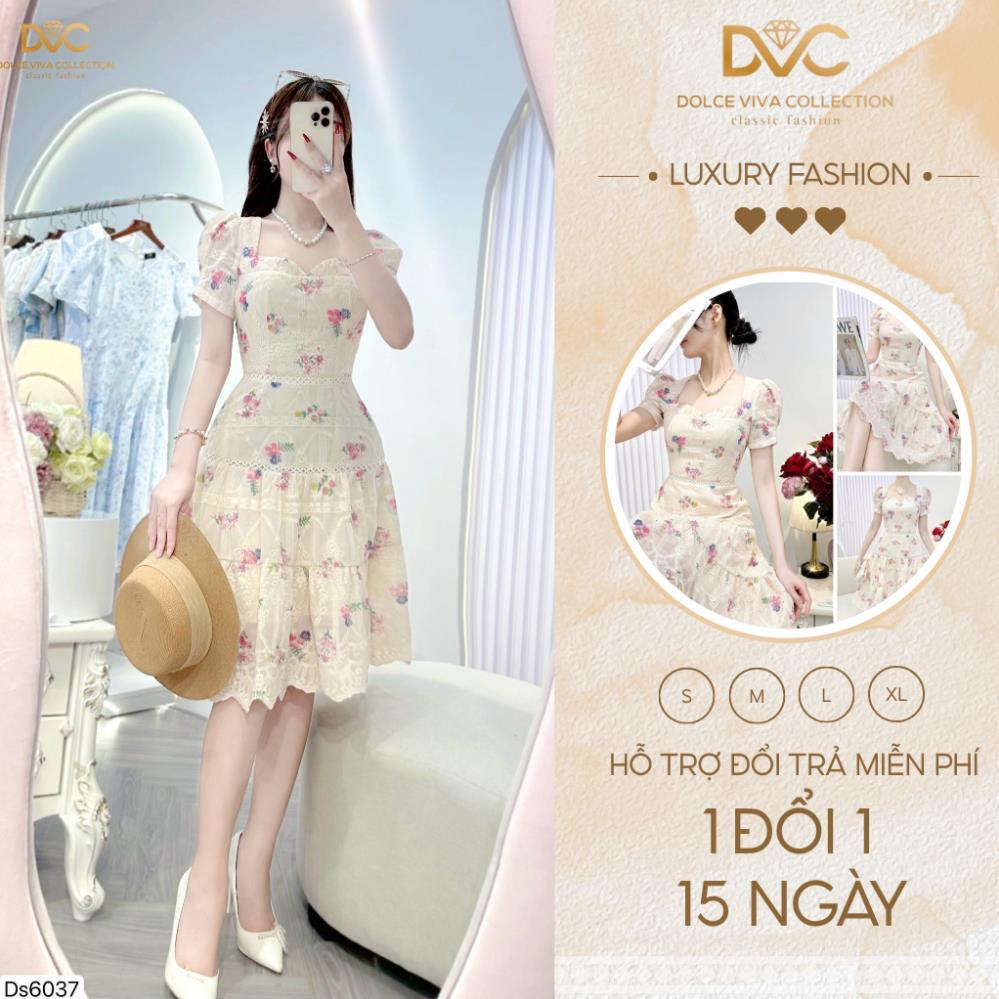 Váy đầm xòe tầng ren thêu hoa nổi tay ngắn phong cách tiểu thư nền kem váy thiết kế vintage DS6037 –