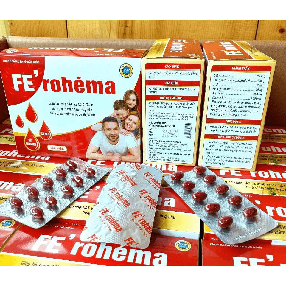 Fe' Rohéma fe folic  bổ sung sắt và acid folic, giảm thiếu máu do thiếu sắt, hỗ trợ quá trình tạo má