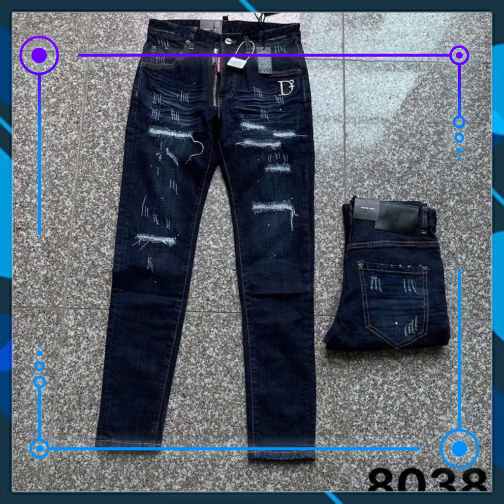 { ÔNG CHÚ AMIRI } Quần jean nam DS màu xanh đậm, khóa lệch và logo D2, chính hãng Quảng Châu.