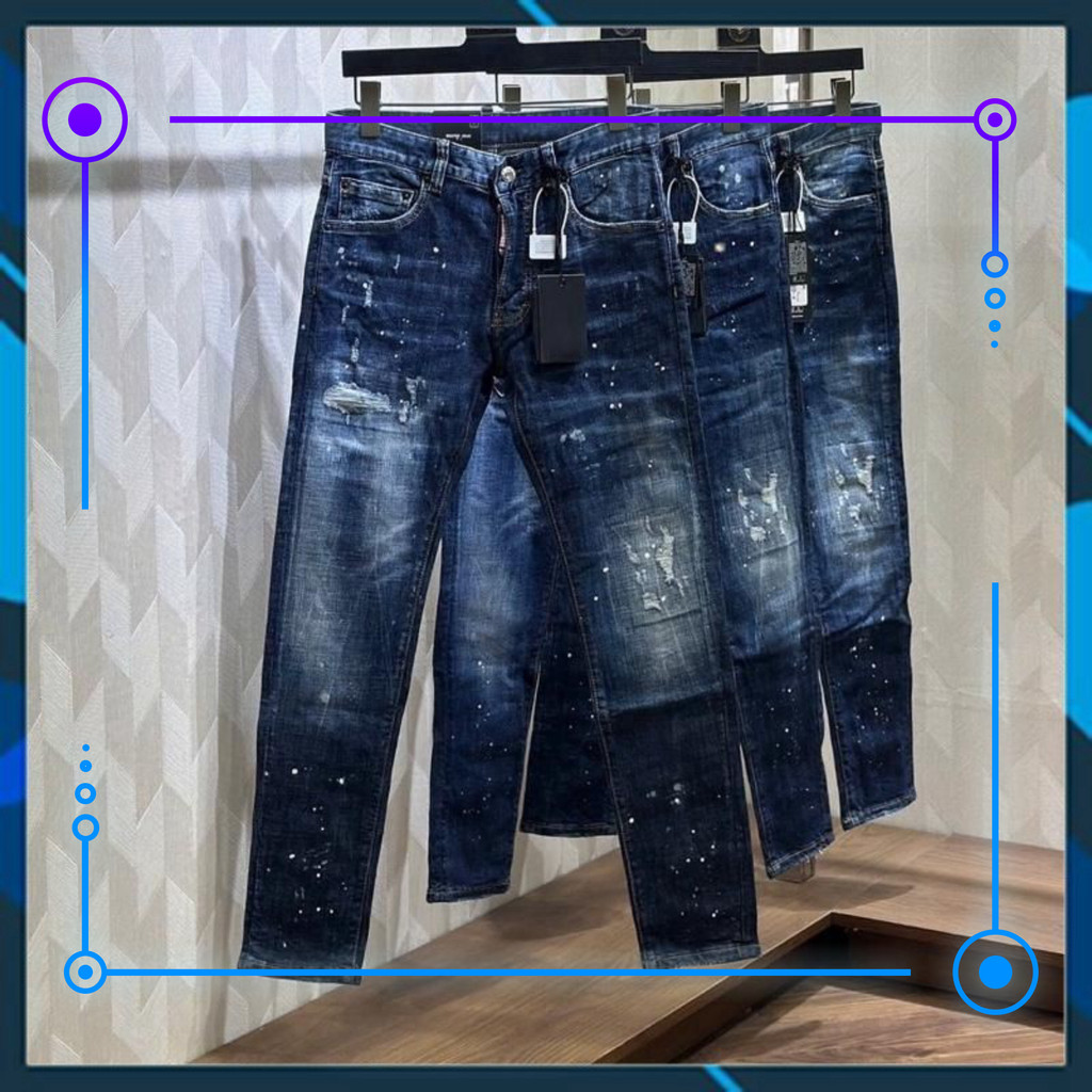 { ÔNG CHÚ AMIRI } Quần jean nam màu xanh dương rách phong cách, họa tiết sơn, chính hãng Quảng Châu.