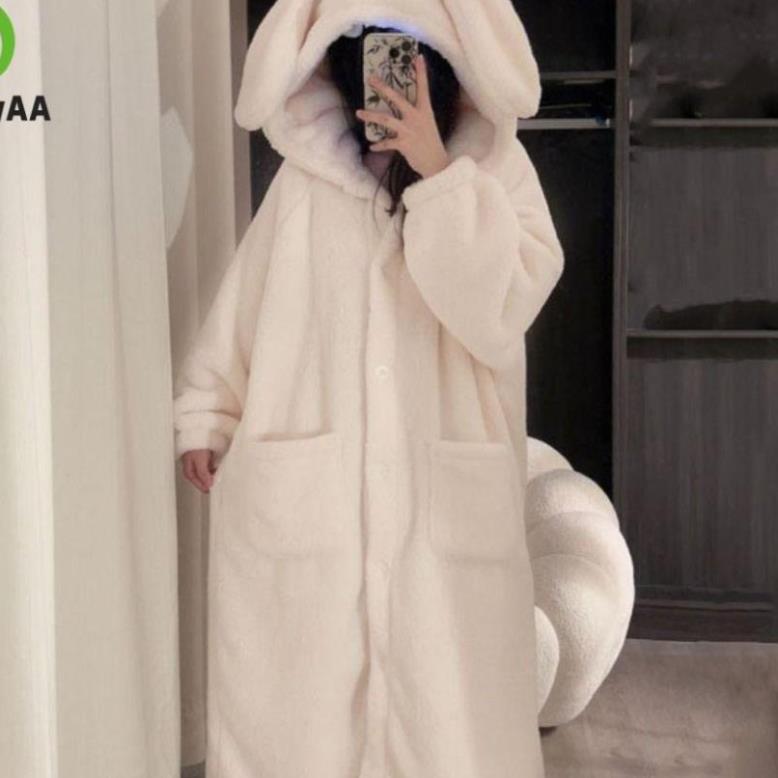 Đồ ngủ lông thỏ san hô - Áo choàng dài tay họa tiết tai thỏ, dáng rộng đáng yêu UT