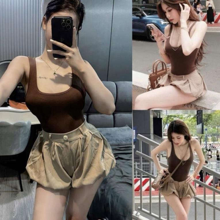 Set Bộ Áo Ba Lỗ Nâu + Quần SHORT Bí Xếp Ly hu, hàng hotrend  CÁ TÍNH UT