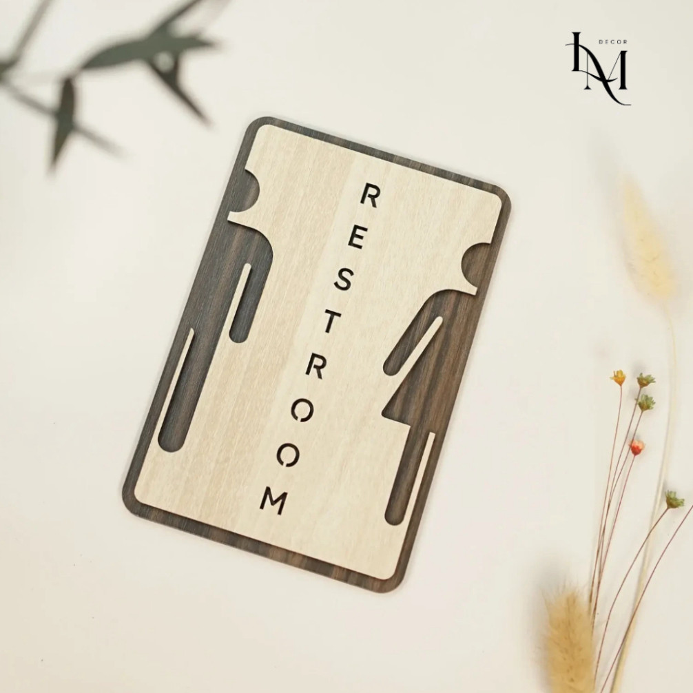Biển gỗ chỉ dẫn nhà vệ sinh "Restroom" với keo dán sẵn - Mr. DIY Decor