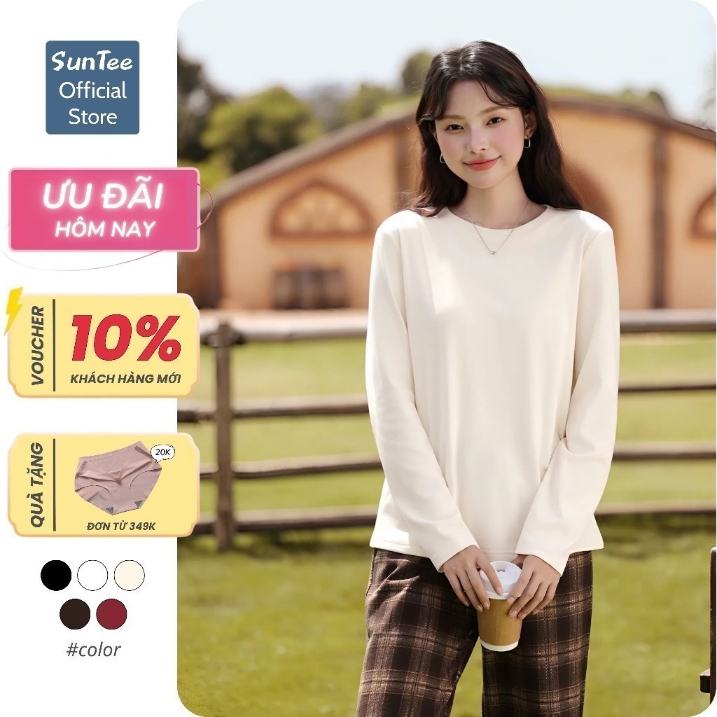  Áo thun dài tay nữ SUNTEE STDT001 form vừa phong cách basic trơn vải cotton 250GSM cao cấp 