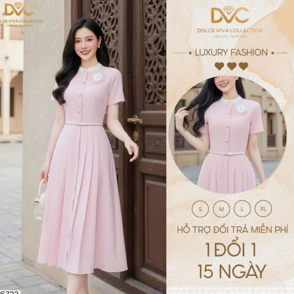 [Sẵn hàng]Ds6723 Thiết kế kèm tag cài thủ công, đai, váy hồng xếp ly may kỹ, nét phom tôn dáng - Chu