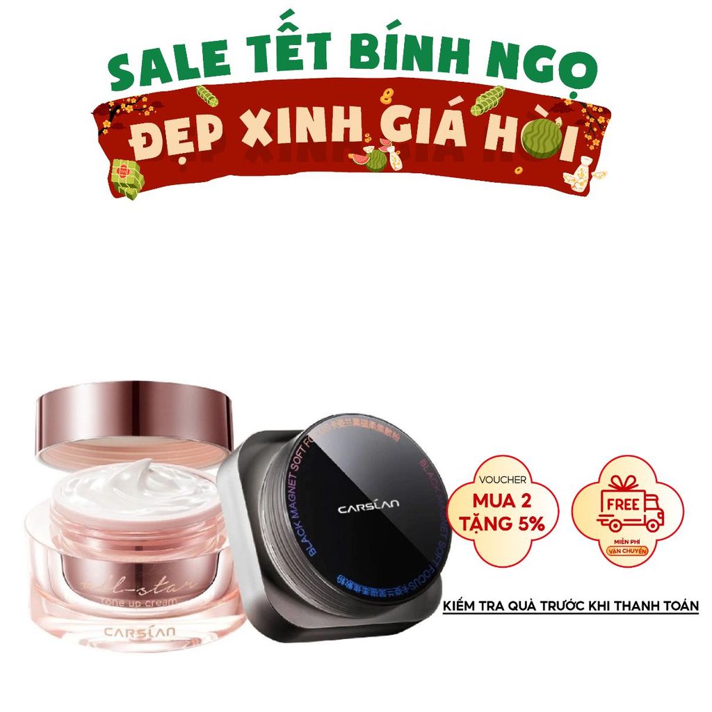 Combo kem lười Carslan nền nhanh – mịn + phấn phủ Carslan kiềm dầu, khóa nền bền màu 2025