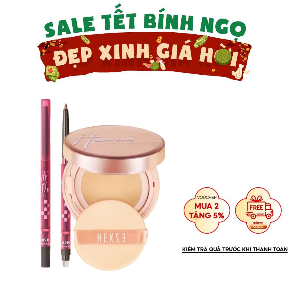 COMBO Bút Kẻ Viền Môi Pink Punk + Cushion Hexze Che Phủ Tự Nhiên | Lên Tông Chuẩn, Nền Mịn, 2025