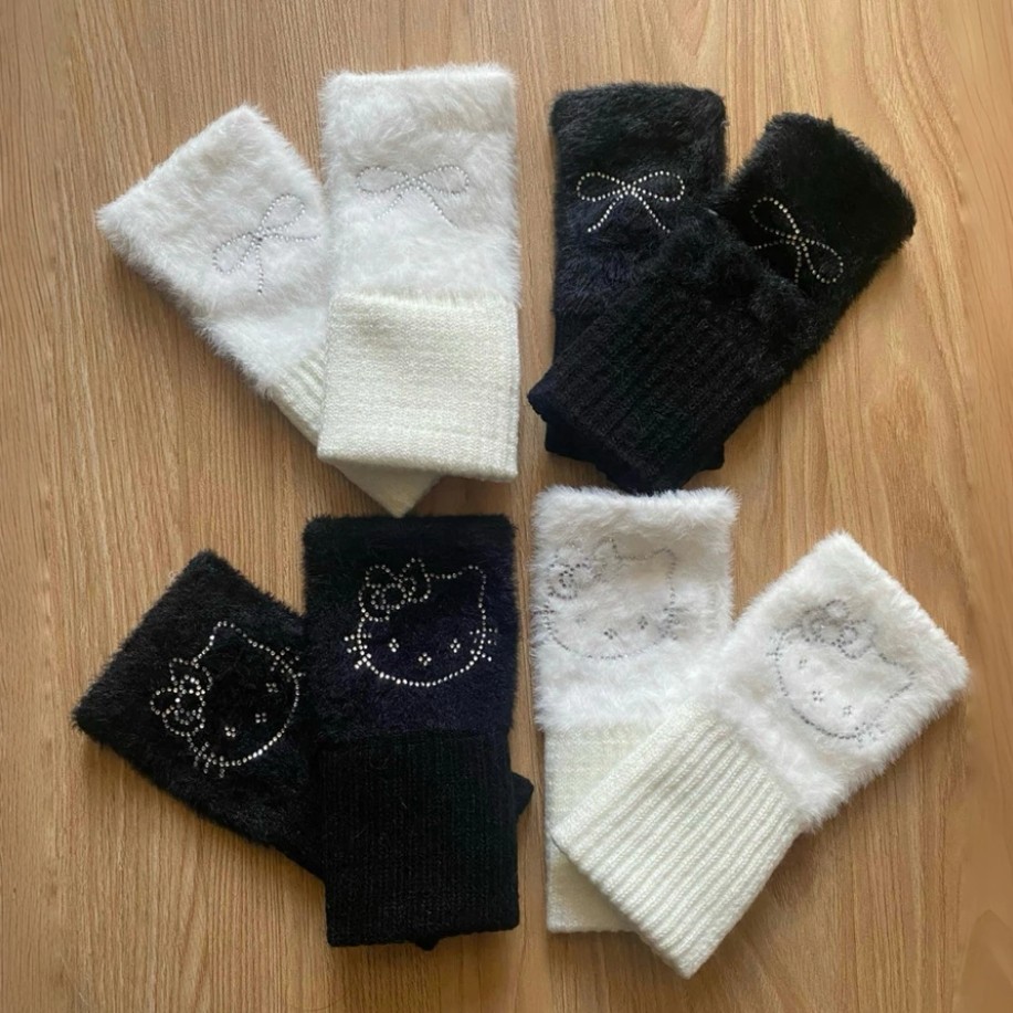 Găng tay FEVER STUDIO len lông cao cấp hở ngón giữ ấm chống rét mùa đông đi du lịch trượt tuyết Y2K 