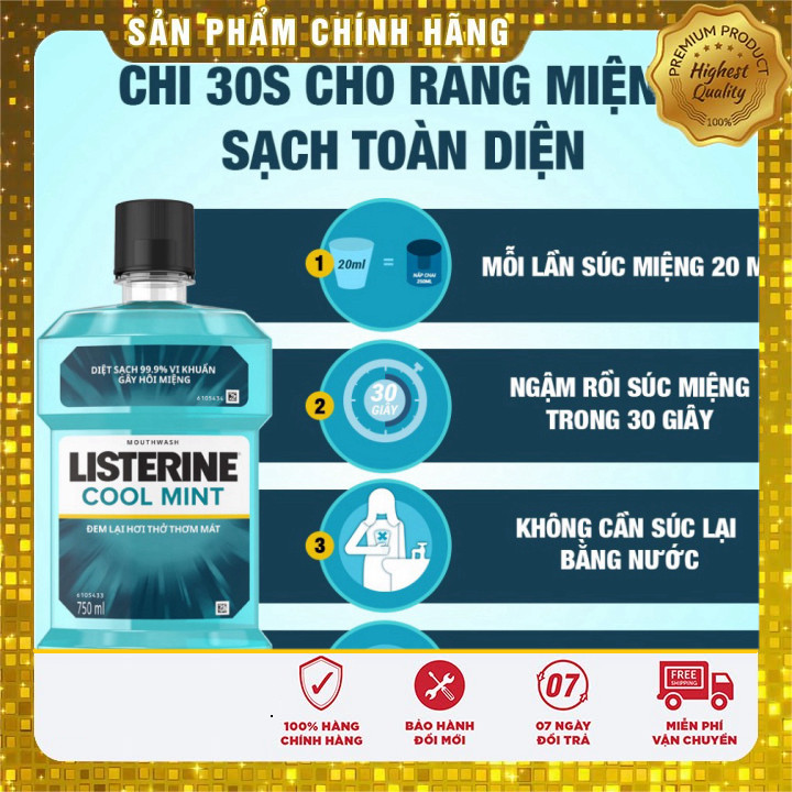 Combo Nước súc miệng hơi thở thơm mát Listerine Cool Mint 750+250ml nước súc miệng Listerine Green T