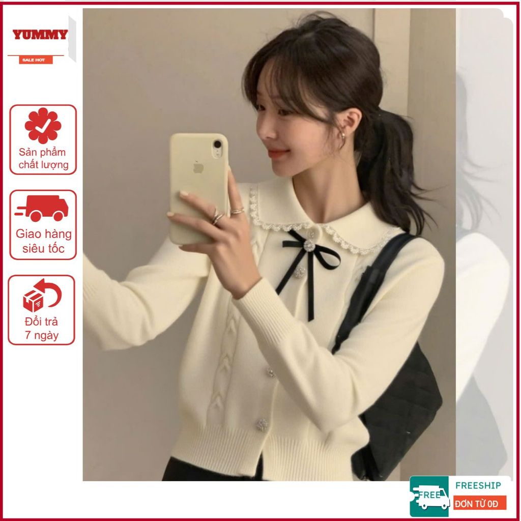 Áo len dệt kim YUMMY phối nơ, áo len có cổ phối ren tiểu thư phong cách Hàn Quốc - AL72