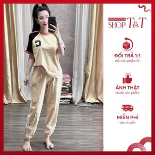  Set đồ bộ cotton nữ quần dài bo chun + áo thun tay ngắn phối màu form đẹp sản phẩm y hình  42~63kg  