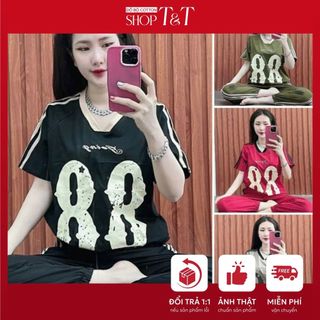  Đồ bộ cotton nữ áo thun cổ tim phối logo in + quần dài bo chun chạy viền thời trang mặc nhà đi chơi 