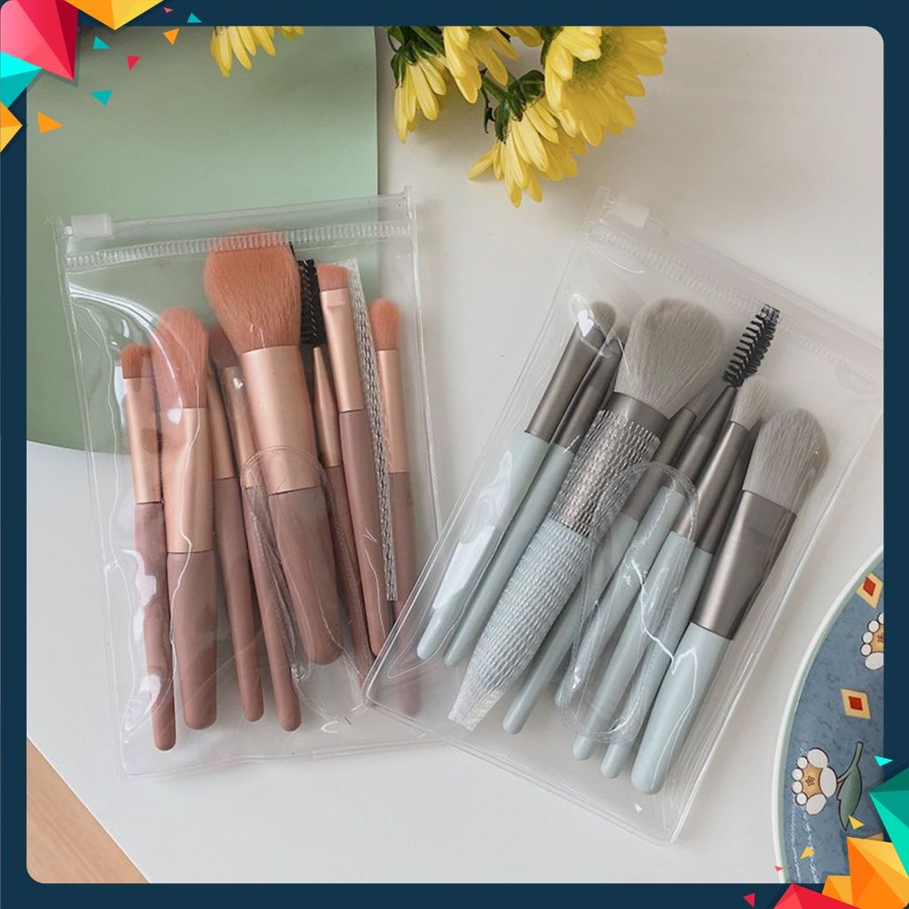 (8 CỌ XỊN) BỘ CỌ TRANG ĐIỂM 8 CÂY VINTAGE SIÊU CUTE TRONG TÚI ZIP - Set Cọ Trang Điểm Gồm 8 Cây Lông