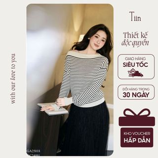  TIINSTORE Áo len dài tay cổ lệch vai form vừa chất len mềm basic freesize GA25018 