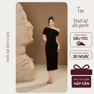  TIINSTORE Váy đầm nữ dự tiệc thiết kế trễ vai lệch xếp ly sườn dáng bút chì TUYTSY nữ tính đi chơi sang chảnh VHN1148 