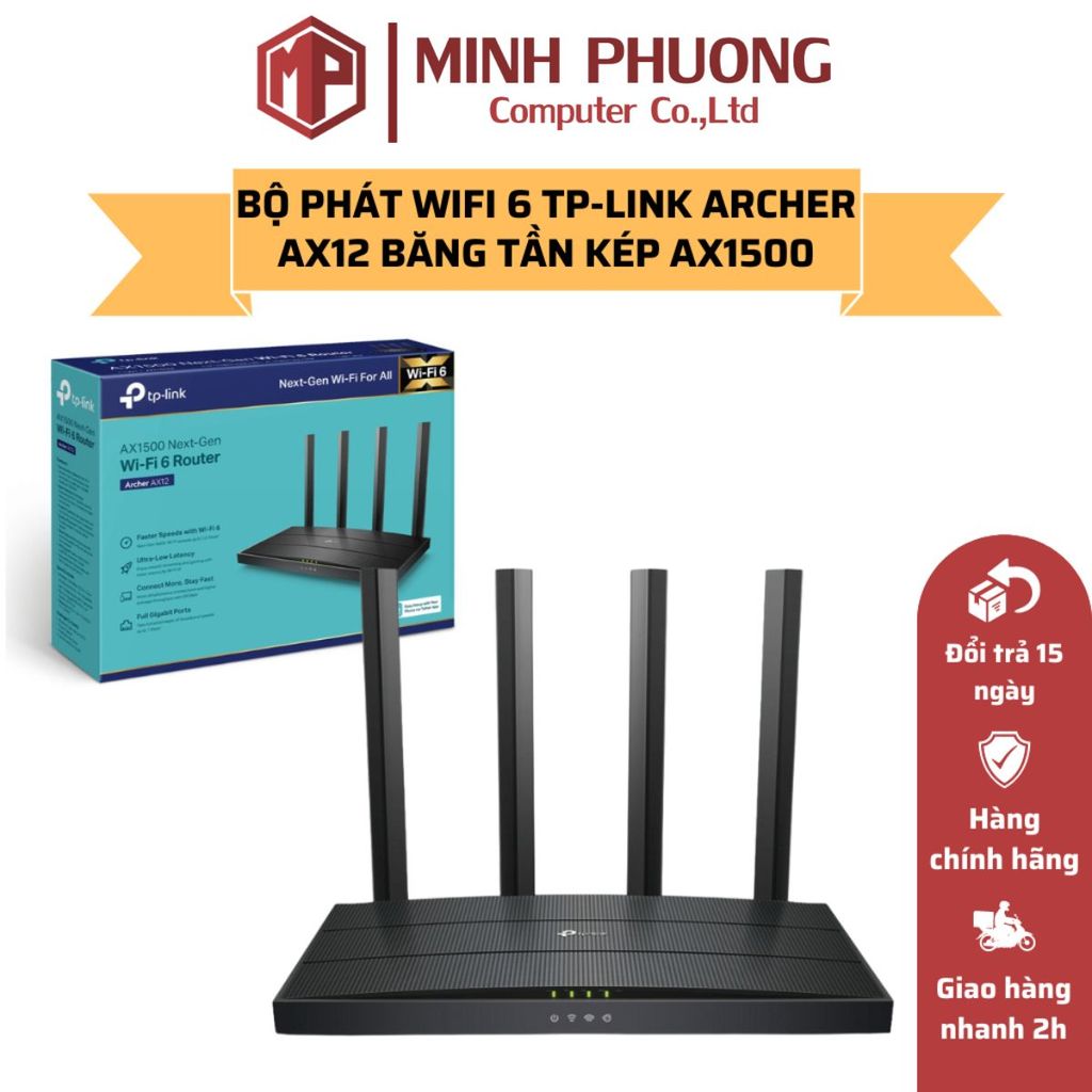 Bộ Phát Router WiFi 6 TP-LINK Archer AX12 Băng Tần Kép AX1500 - Hàng Chính Hãng