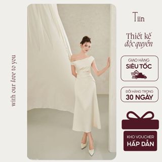  TIINSTORE Váy đầm lụa nữ dự tiệc dáng dài thiết kế trễ vai dây chéo xếp ly sang chảnh tiệc cưới VHN1173 