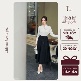  TIINSTORE Chân váy nữ cạp liền chiết ly đính đá dáng xoè nữ tính CHD334 
