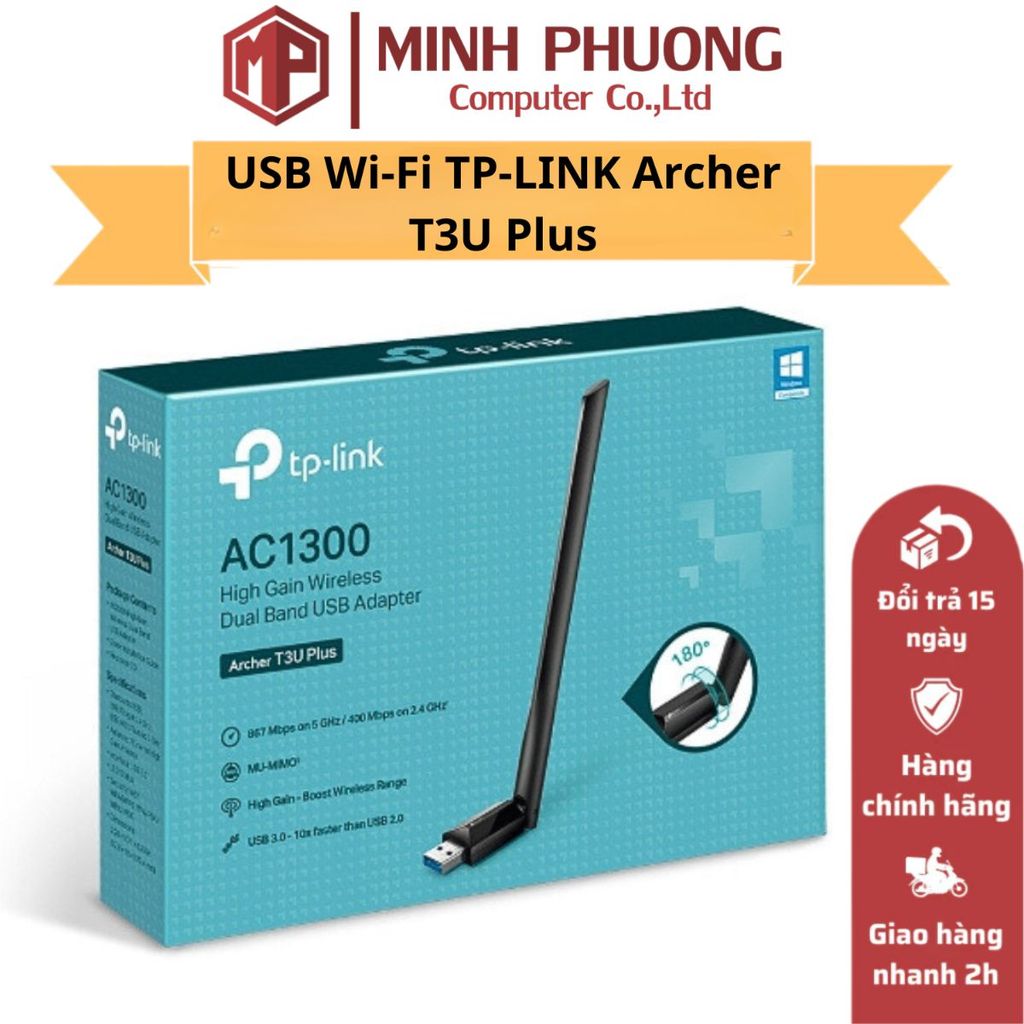 USB Wi-Fi Độ Lợi Cao Băng Tần Kép AC1300 TP-LINK Archer T3U Plus Hàng Chính Hãng