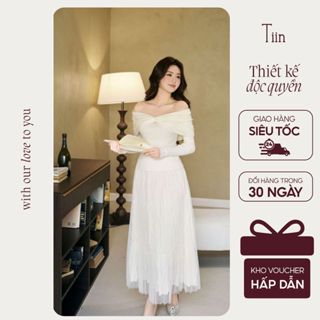  TIINSTORE Chân váy nữ dáng dài xoè tầng lưới lượn sóng gân GC24092 