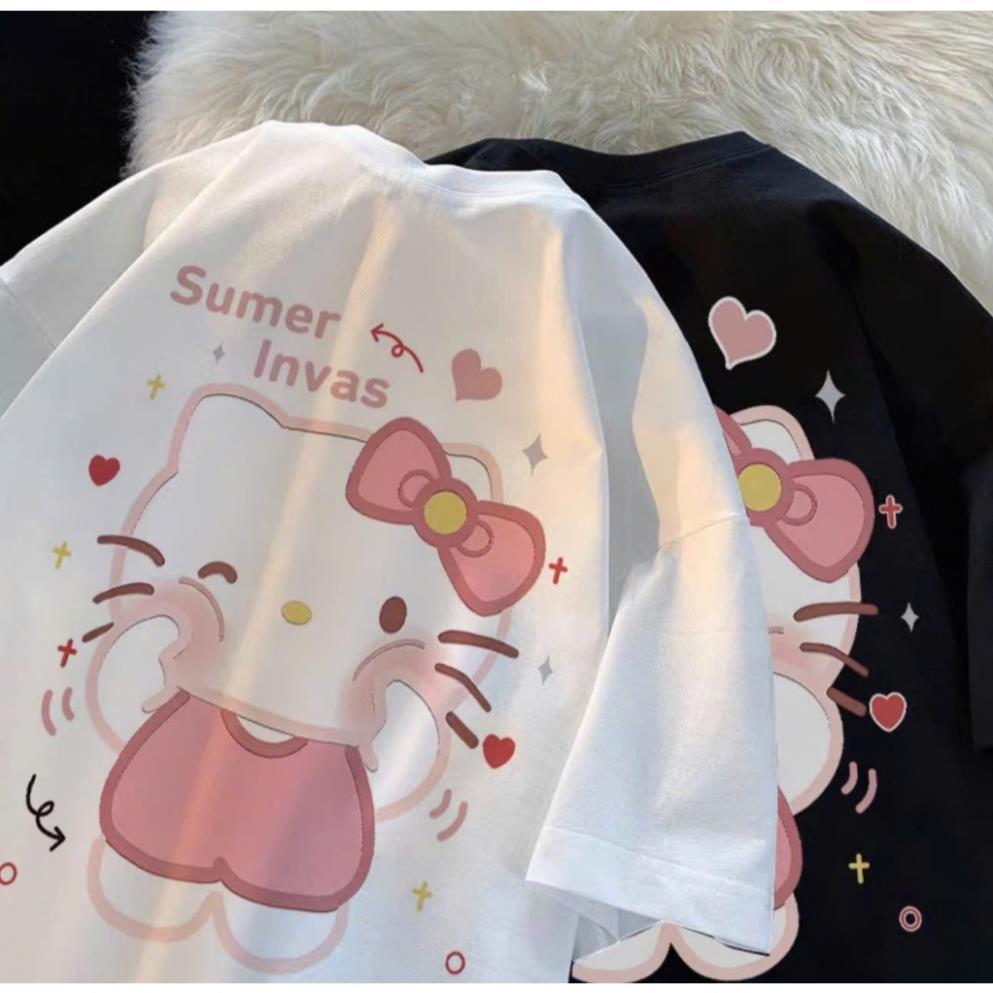 Áo phông tay lỡ Unisex,áo thun cổ tròn in hình kitty má hồng chất cotton su thoáng mát nam nữ mặc được UT