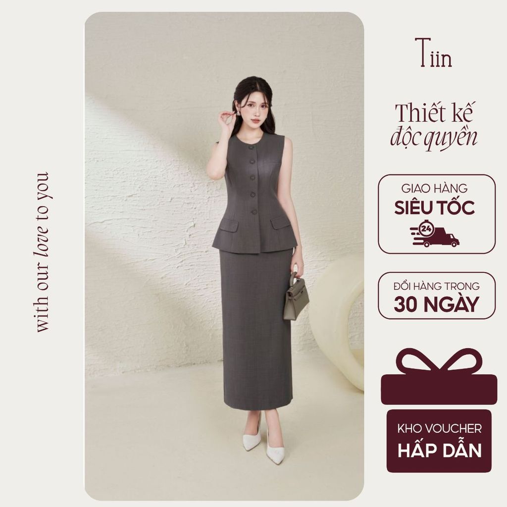 TIINSTORE Áo gile nữ thiết kế cổ tròn dáng peplum thanh lịch phối Chân váy cạp liền dáng suông AHN.2