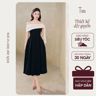  TIINSTORE Váy đầm nữ dự tiệc thiết kế trễ vai 2 dây xích thắt nơ sang trọng sang chảnh VHN.2503.076 