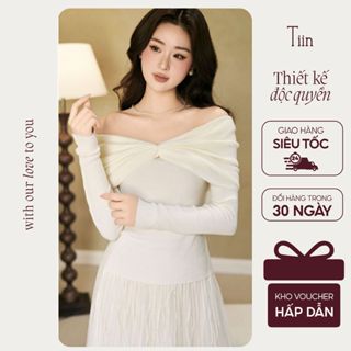  TIINSTORE Áo len dài tay trễ vai kiểu nhún tạo nơ form vừa chất len mềm basic freesize GA25042 