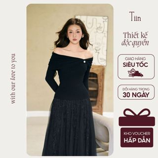  TIINSTORE Áo len dài tay trễ vai tạo nơ đính ngọc trai form vừa chất len mềm basic GA25043 