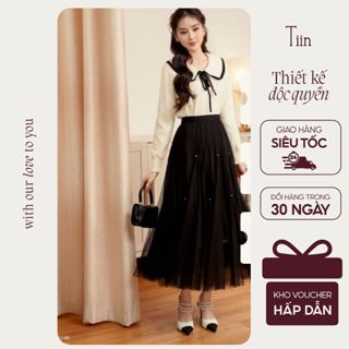  Chân váy nữ midi vải voan xòe dáng dài thiết kế đính đá sang chảnh tiểu thư thanh lịch TIINSTORE GC23140 