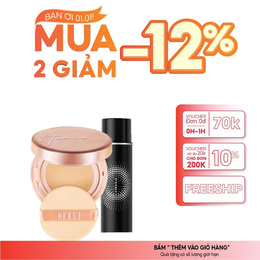 Combo Cushion Hexze + Xịt Khoá Nền Pramy – Lớp Nền Căng Mịn, Bền Màu Suốt Ngày 2025