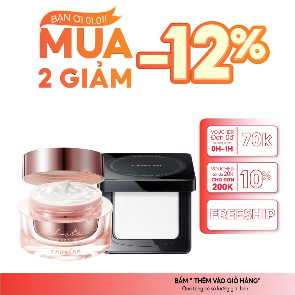 Combo kem lười Carslan nền mịn nhanh chóng + phấn nén Carslan kiềm dầu, giữ nền lâu trôi