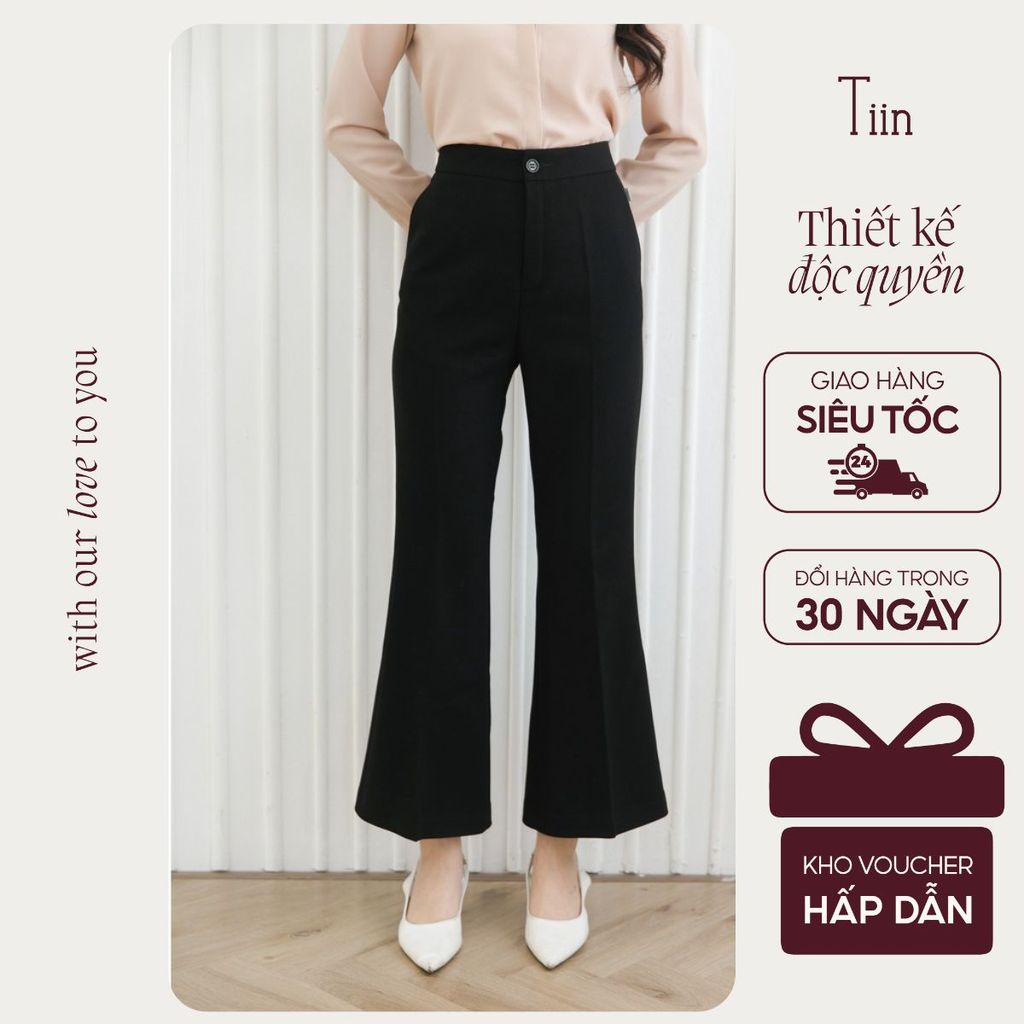 TIINSTORE Quần nữ ống loe cạp cao hách dáng quần tuyết mưa túi chéo tôn dáng đứng form TIIN STORE Q0