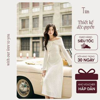  TIINSTORE Váy thiết kế nữ lệch vai tiểu thư nữ tính thanh lịch mix nơ đính khuy đá sang chảnh quyến rũ VDD1159 