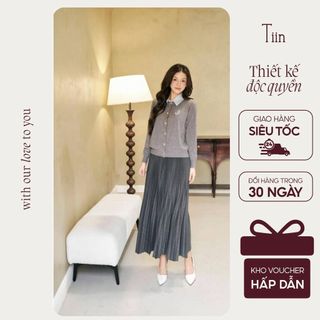  TIINSTORE Chân váy midi xếp ly dáng dài cạp chun thanh lịch phong cách Hàn Quốc freesize GC25028 