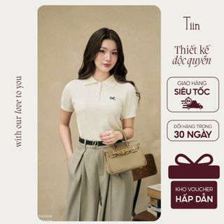  TIINSTORE Áo len nữ cộc tay dáng polo phối cúc thêu nơ phong cách hàn quốc basic freesize GA24108 