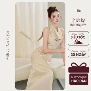  TIINSTORE Váy đầm lụa nữ dự tiệc thiết kế cổ yếm dáng dài đuôi cá sang chảnh nữ tính tiệc cưới du lịch V0D1165 