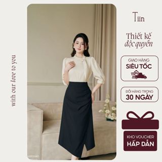  TIINSTORE Chân váy nữ đáp tà nhún sườn vạt lệch dáng dài thanh lịch CHD314 