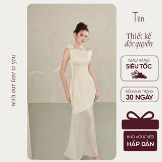  TIINSTORE Váy đầm lụa dự tiệc nữ tính trễ vai dáng dài đính hoa phối dây tơ óng thanh lịch sang chảnh VHN1174 