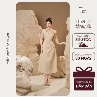  TIINSTORE Váy đầm nữ thiết kế lệch vai dự tiệc vải lụa nhún eo mix vạt dây cổ sang chảnh nữ tính V0D1139 